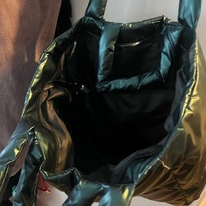 Green metallic puffer tote